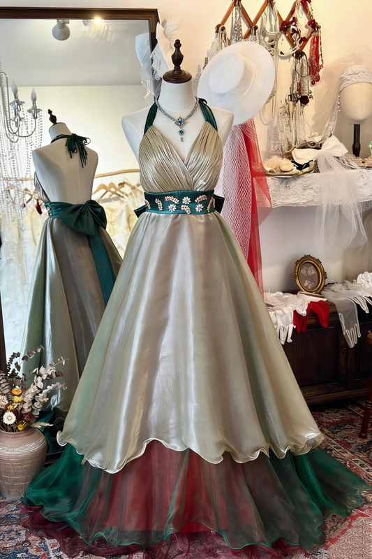 Retro Luxury-style Halter Dress: Waist-cinched Flared Dress, Satin Fabric, Party Date Dress gh6580