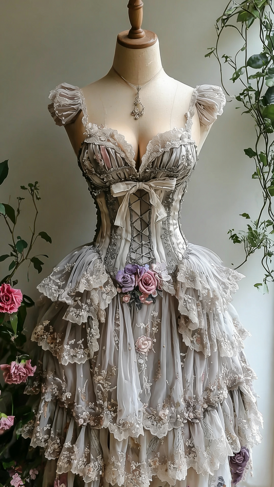 Lolita Retro Style Grey Lace 3D Flower Court Ballgown - Tea Party & Cosplay Dress gh6552