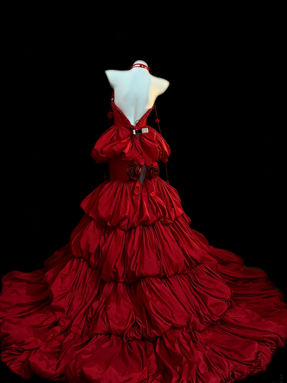 Dark Romantic Style Scarlet Rose Tiered Strapless Gown - Dinner & Gothic Theme Ball Dress gh6560