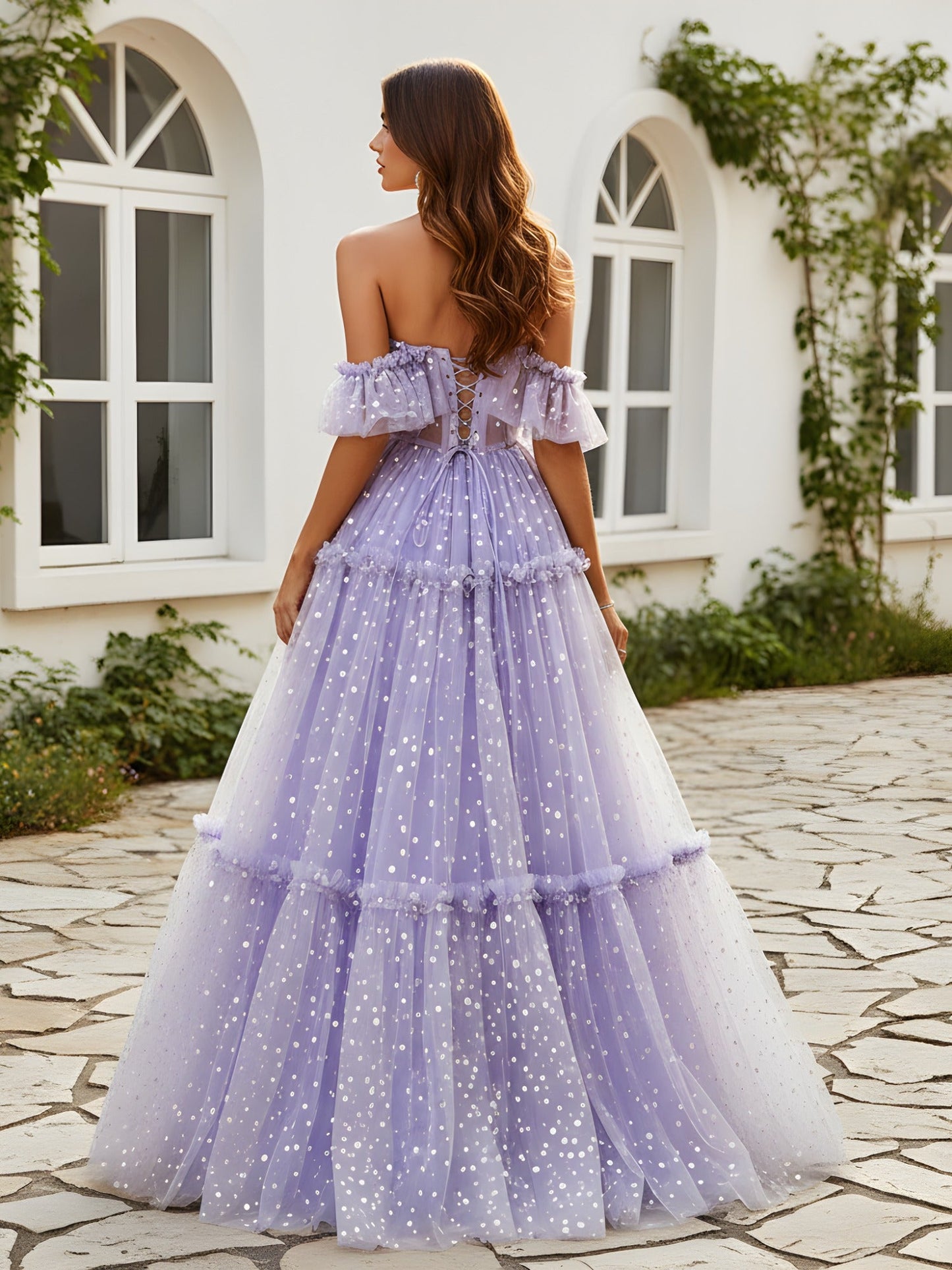Off-the-shoulder A-Line Tiered Tulle Dress With Dots Lilac