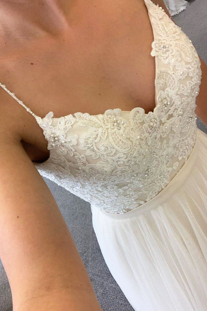 Long A-line Spaghetti Strap Ivory Wedding Dress with Lace
