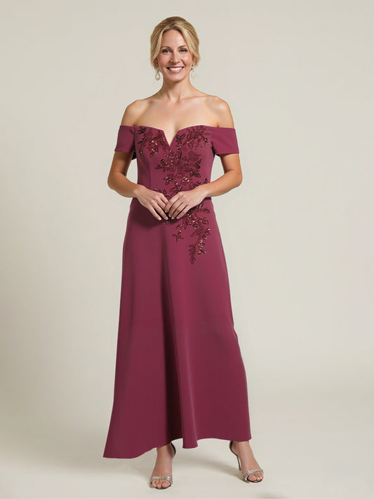 Off-Shoulder Beaded Embroidery A-Line Gown Burgundy