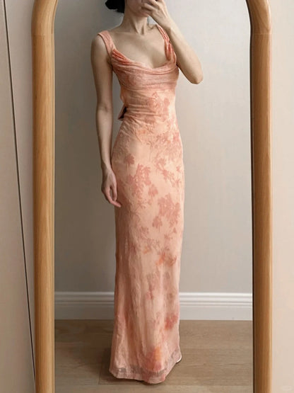 Sweet Pink Mermaid Backless Bow Print Chiffon Long Prom Dress Evening Dress cc5368