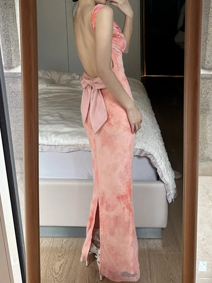Sweet Pink Mermaid Backless Bow Print Chiffon Long Prom Dress Evening Dress cc5368