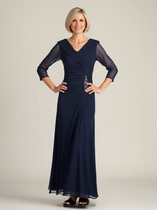 Chiffon Ruched Bodice Formal Gown with Sheer Sleeves Dark Navy