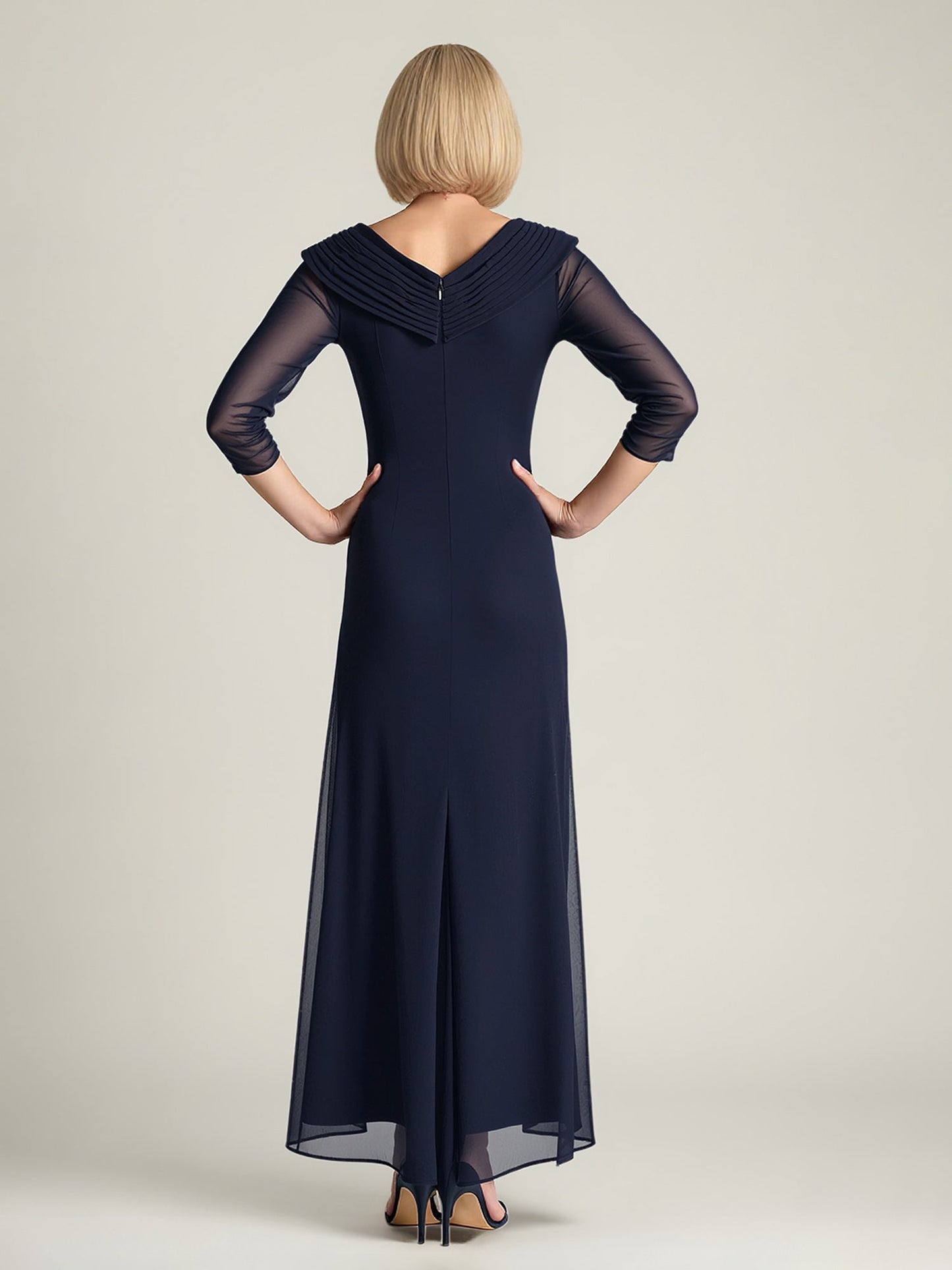 Chiffon Ruched Bodice Formal Gown with Sheer Sleeves Dark Navy