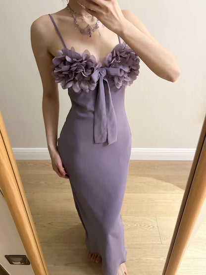 Elegant Purple Mermaid 3D Flower Bow Thin Strap Satin Long Prom Dress Evening Dress Bridesmaid Dress cc5369