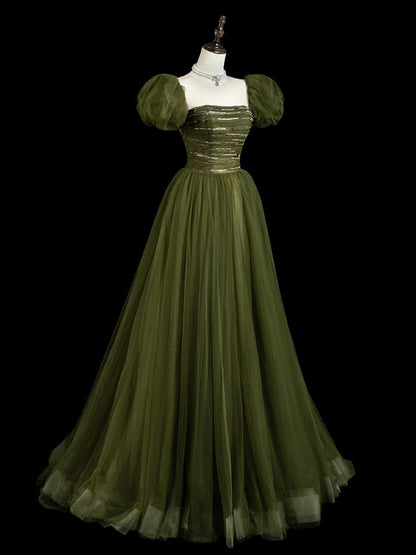 A-Line  Puff Sleeves Tulle Sequin Green Long Prom Dress, Green Long Evening Dress