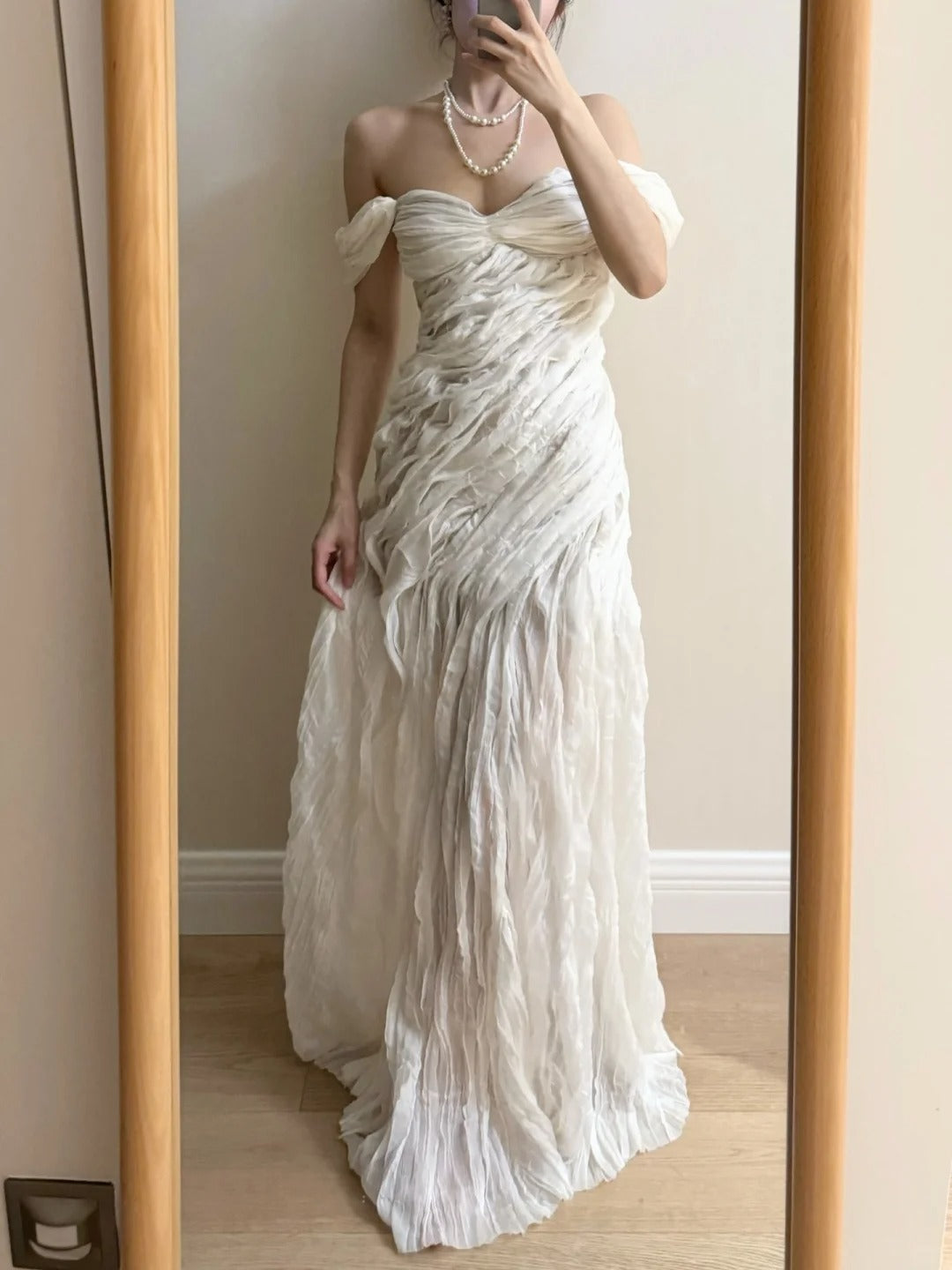 Elegant Ivory Pleated Satin Long Prom Dress Evening Dress cc5371
