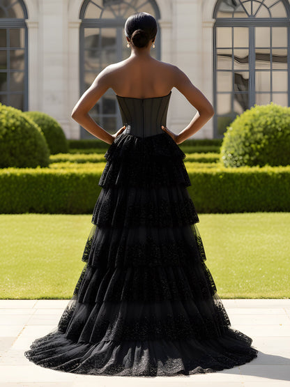 Strapless Tiered Tulle Gown with Structured Corset Bodice Black