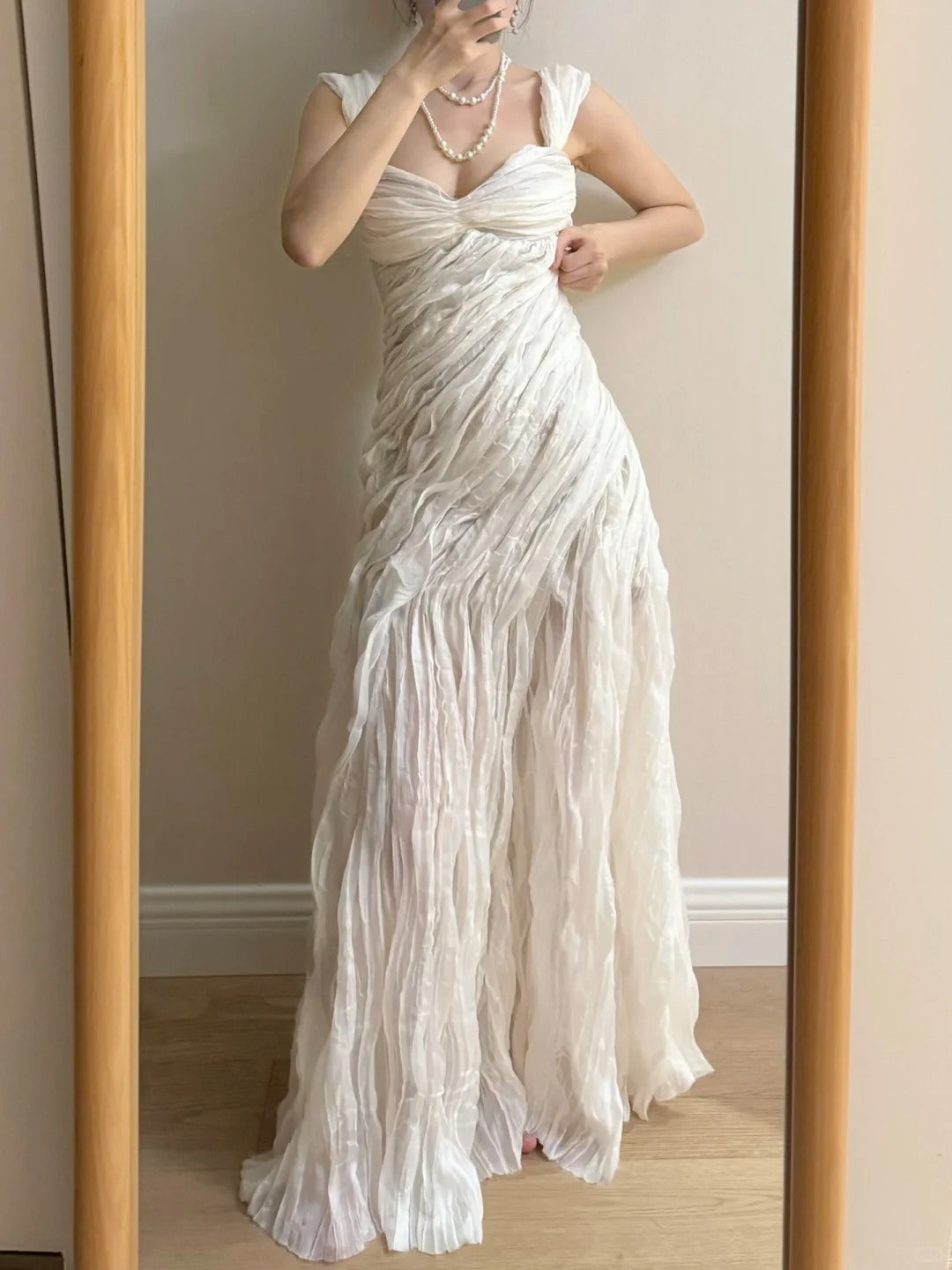 Elegant Ivory Pleated Satin Long Prom Dress Evening Dress cc5371