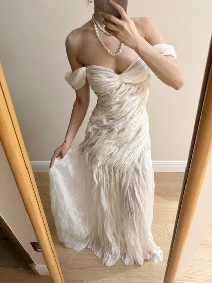 Elegant Ivory Pleated Satin Long Prom Dress Evening Dress cc5371