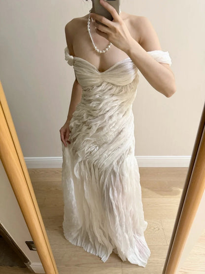 Elegant Ivory Pleated Satin Long Prom Dress Evening Dress cc5371