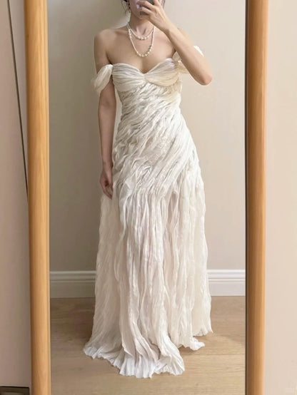 Elegant Ivory Pleated Satin Long Prom Dress Evening Dress cc5371