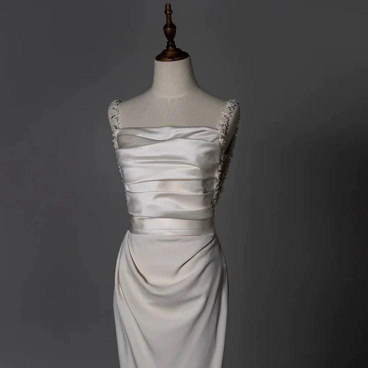 Sheath Long Satin White Wedding Dresses With Beads