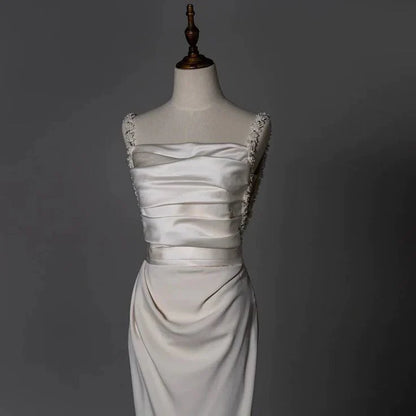 Sheath Long Satin White Wedding Dresses With Beads