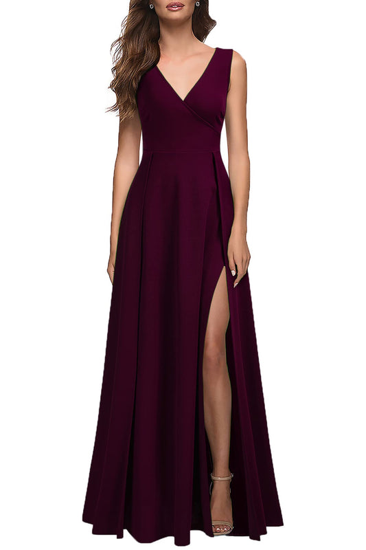 Burgundy Women's V Neck Sleeveless Split Formal Prom Dress Cocktail Party Long Dresses