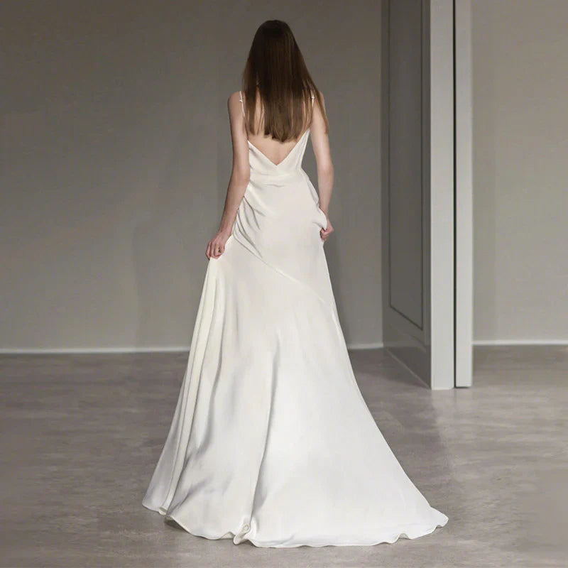 French Spaghetti Strap Long Prom Dress White Satin V back Wedding Dress