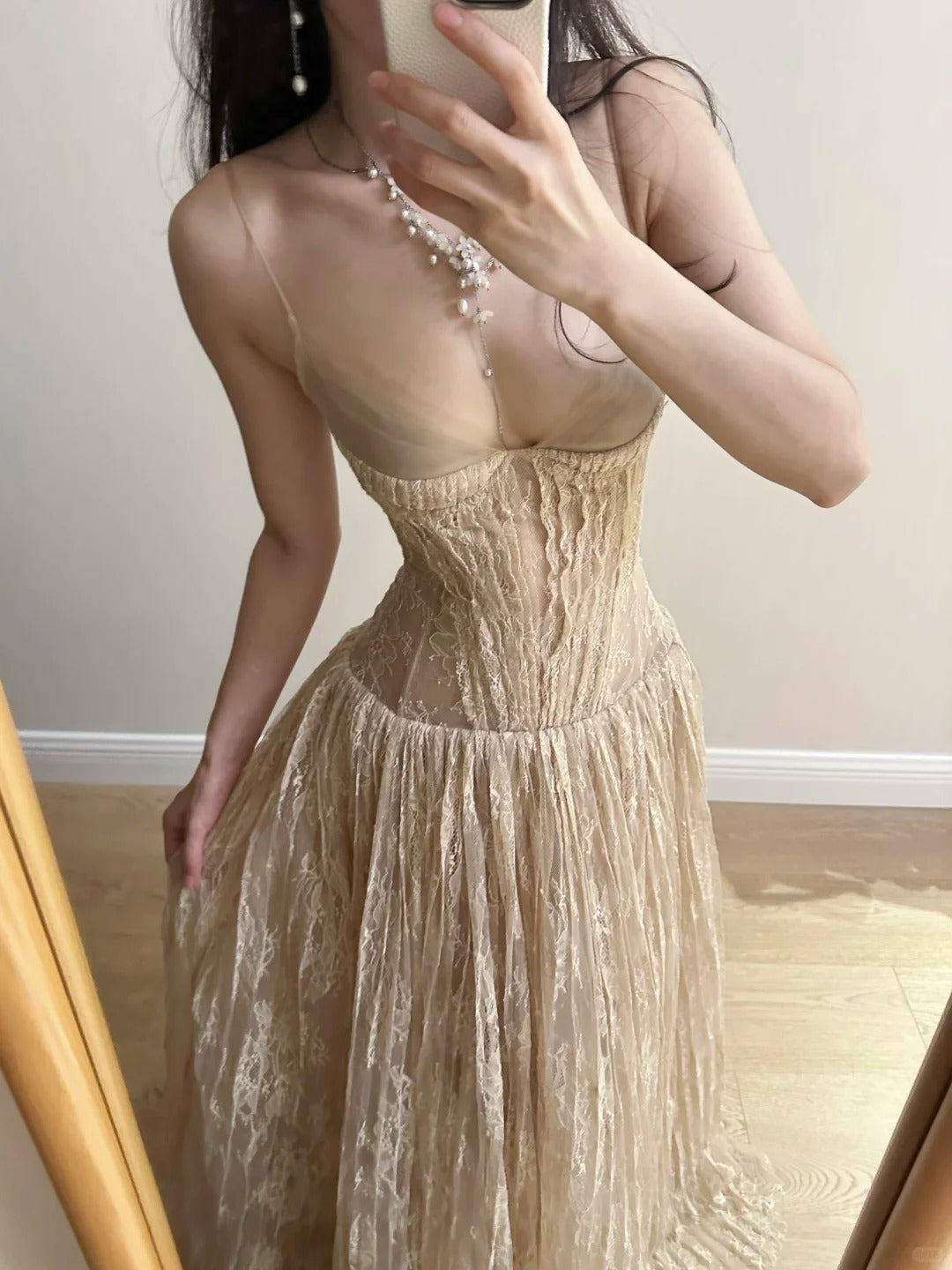 Elegant Nude Apricot A-line Deep V Halter Lace Long Prom Dress Evening Dress Bridesmaid Dress cc5372