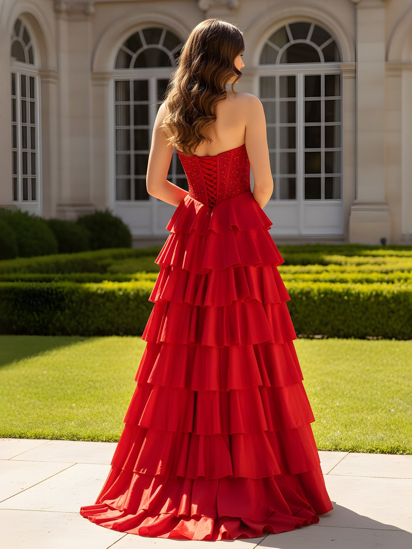 Lace-Up Back Evening Dress featuring Boned Corset Bodice Red