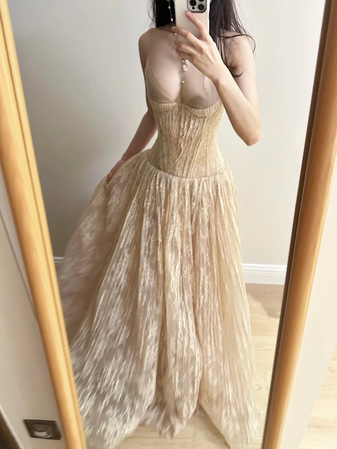 Elegant Nude Apricot A-line Deep V Halter Lace Long Prom Dress Evening Dress Bridesmaid Dress cc5372