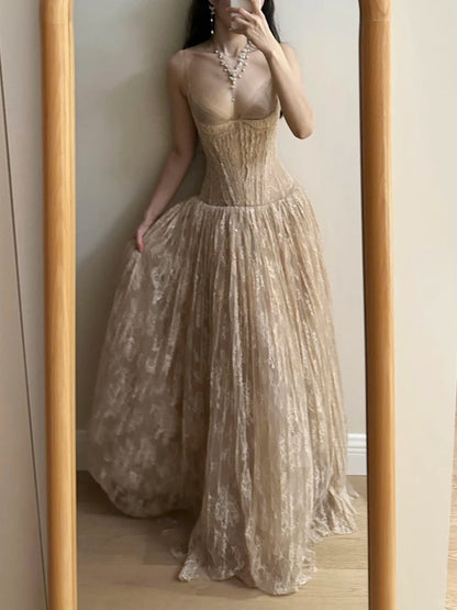 Elegant Nude Apricot A-line Deep V Halter Lace Long Prom Dress Evening Dress Bridesmaid Dress cc5372