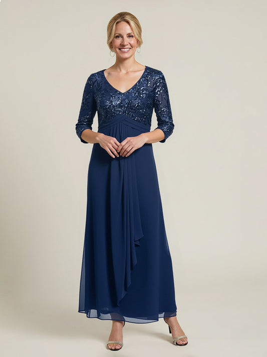 Sequin Lace V-Neck Bodice Chiffon Overlay Gown Dark Navy
