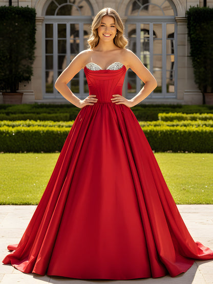 Strapless Satin Ball Gown with Crystal Bustier Detail Red