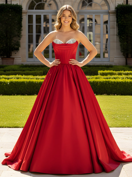 Strapless Satin Ball Gown with Crystal Bustier Detail Red