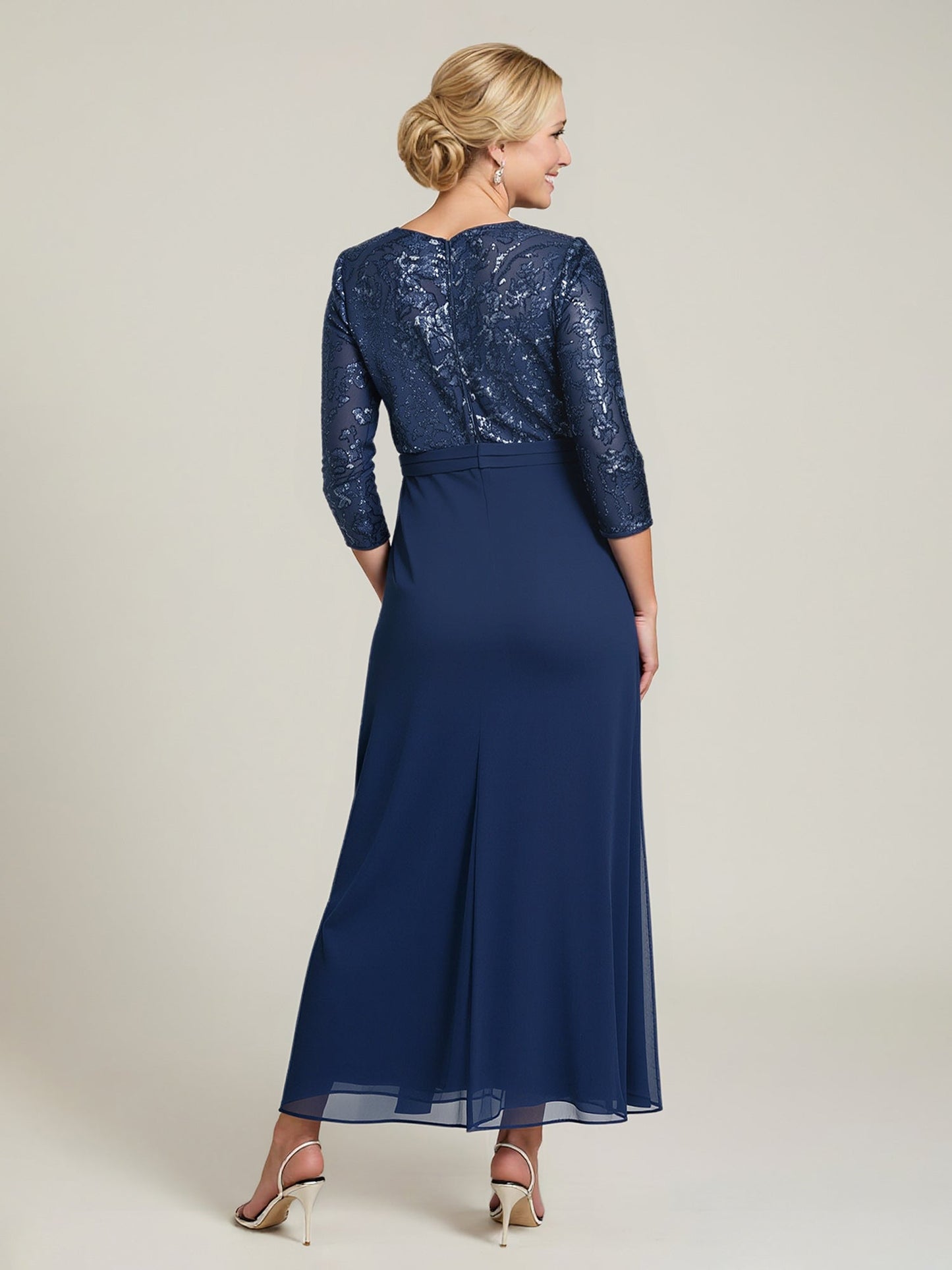 Sequin Lace V-Neck Bodice Chiffon Overlay Gown Dark Navy