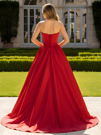 Strapless Satin Ball Gown with Crystal Bustier Detail Red