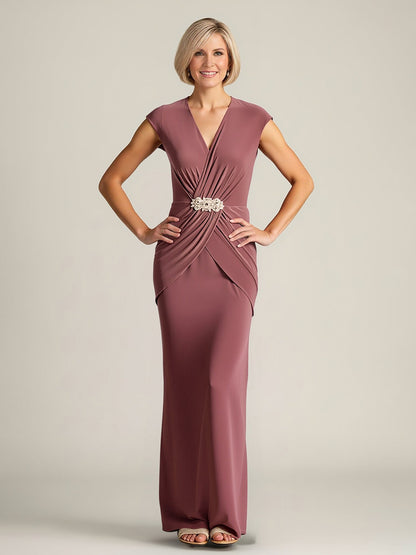 V-Neck Draped Bodice Gown with Embellished Clasp Cinnamon Rose
