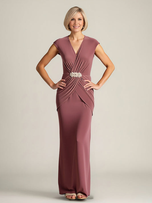 V-Neck Draped Bodice Gown with Embellished Clasp Cinnamon Rose