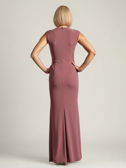 V-Neck Draped Bodice Gown with Embellished Clasp Cinnamon Rose