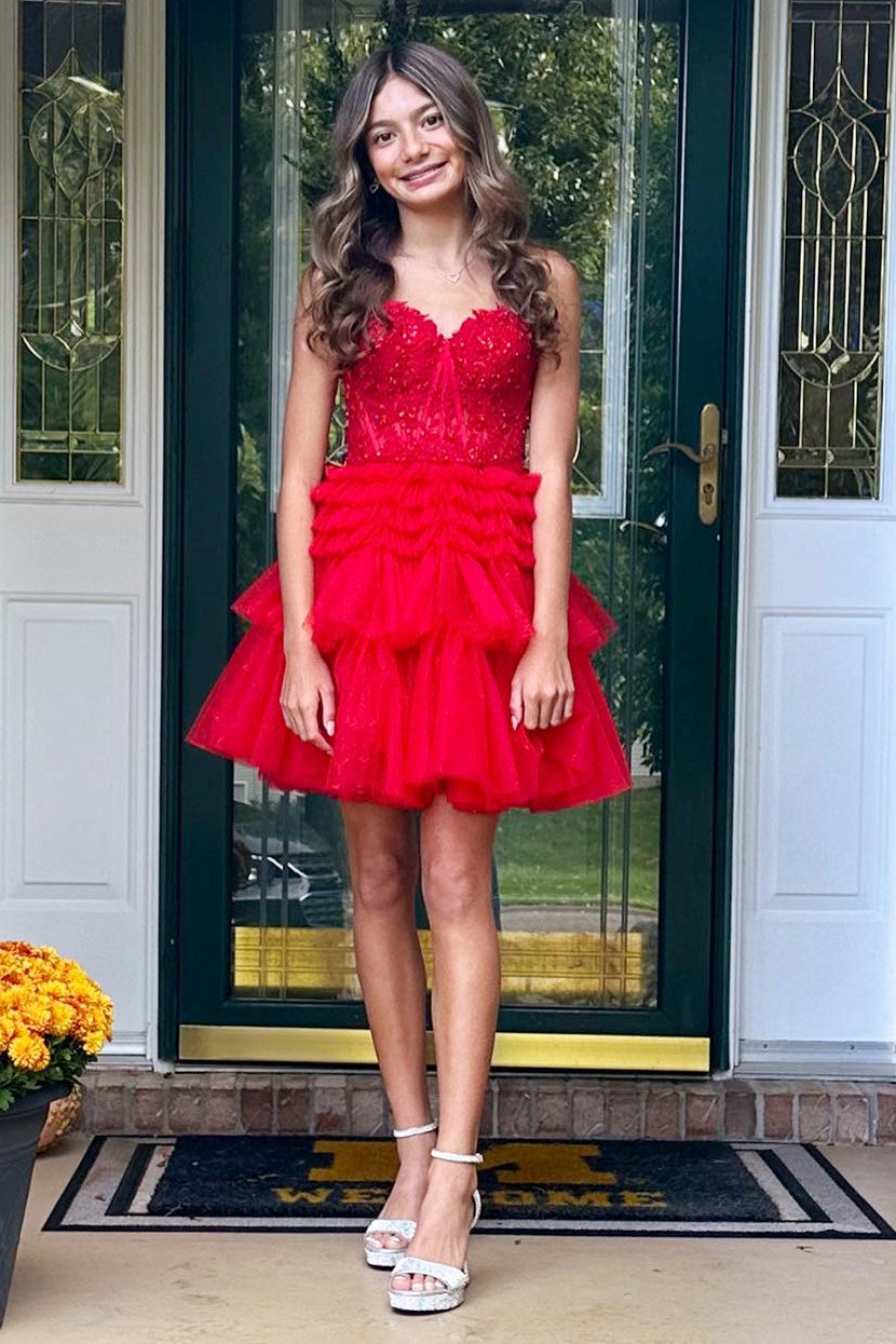 Strapless Tulle Sweetheart Tiered A-Line Short Homecoming Dress with Ruffles