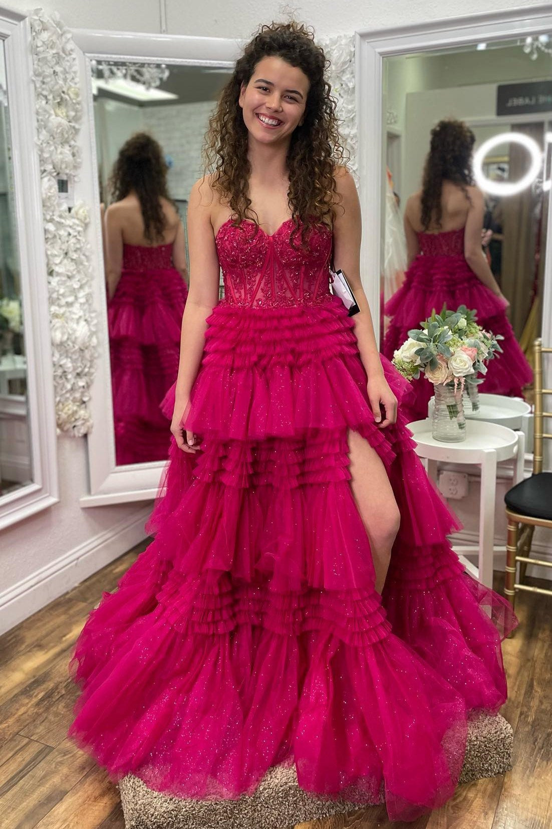 Strapless Tulle Sweetheart Tiered A-Line Long Prom Dress with Ruffles