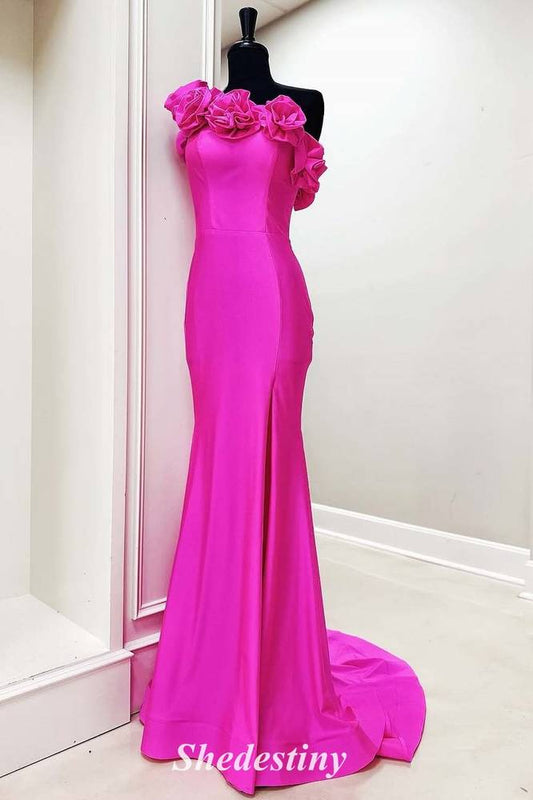 Mermaid Fuchsia One Shoulder Ruffle Bloom Prom Dress