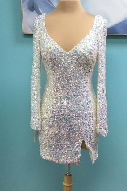 White Iridescent Sequin Open Back Short Homecoming Dress with Sleeves