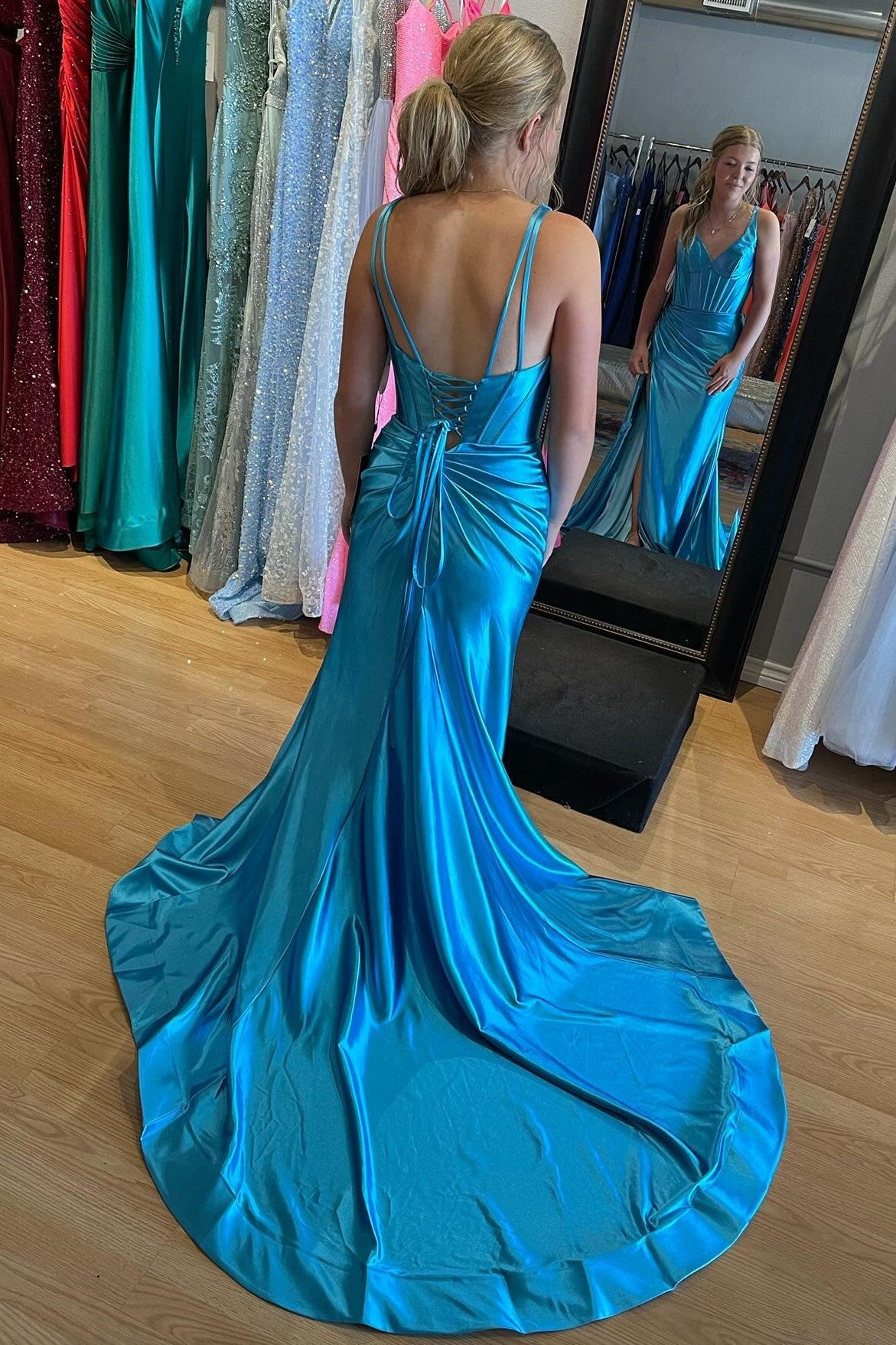 Pink V-Neck Ruched Mermaid Long Formal Dress with Slit