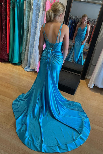 Pink V-Neck Ruched Mermaid Long Formal Dress with Slit
