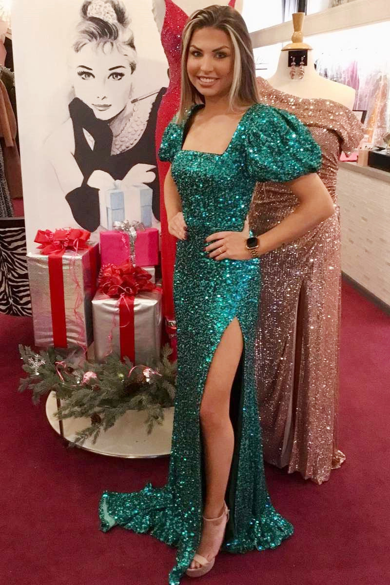 Emerald Green Sequin Square Neck Backless Mermaid Long Prom Dress