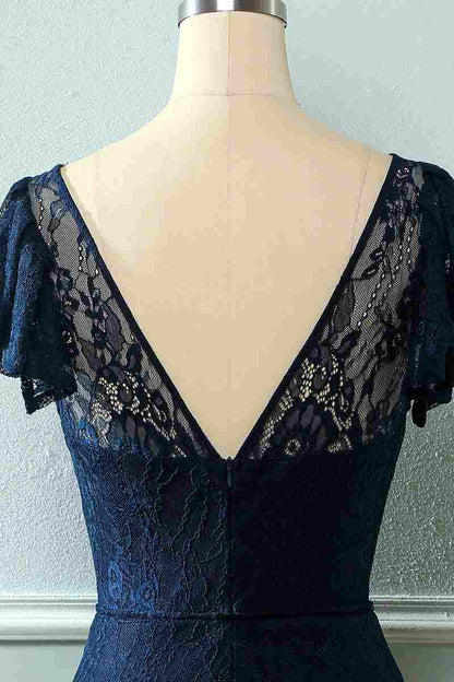 Royal Blue Lace Backless Cap Sleeve Bridesmaid Dress