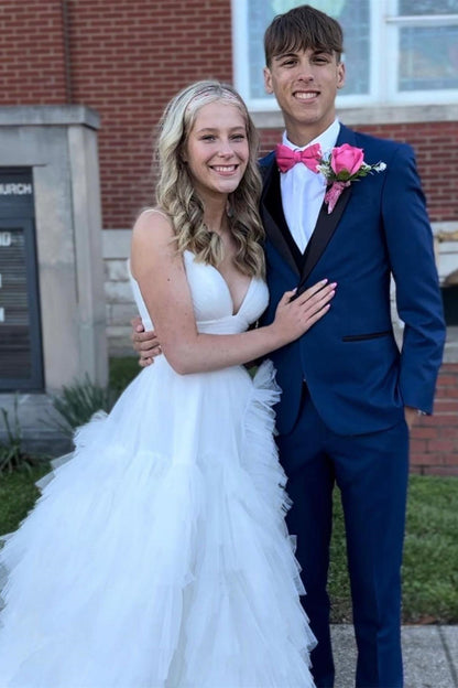 Pink Tulle High-Waist Tiered Long Prom Dress with Ruffles