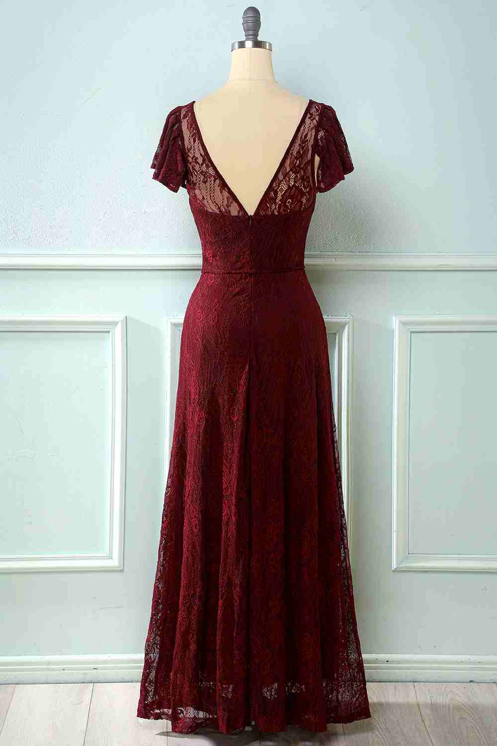 Royal Blue Lace Backless Cap Sleeve Bridesmaid Dress