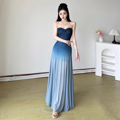 Simple Gradient Blue Sweetheart Strapless A-Line Summer Dresses Prom Dress Evening Dress HZ1024