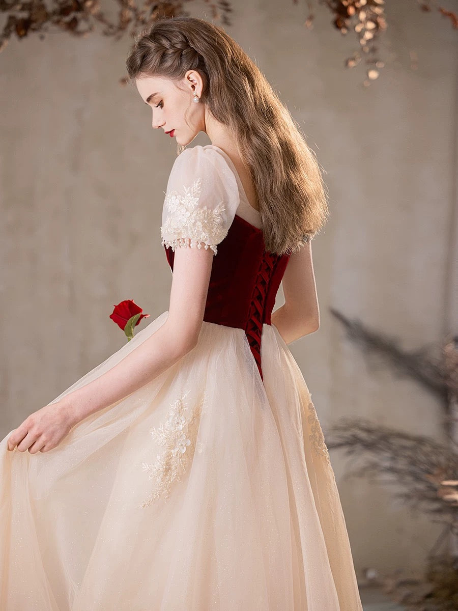A-Line Tulle Champagne Long Prom Dress with Beads