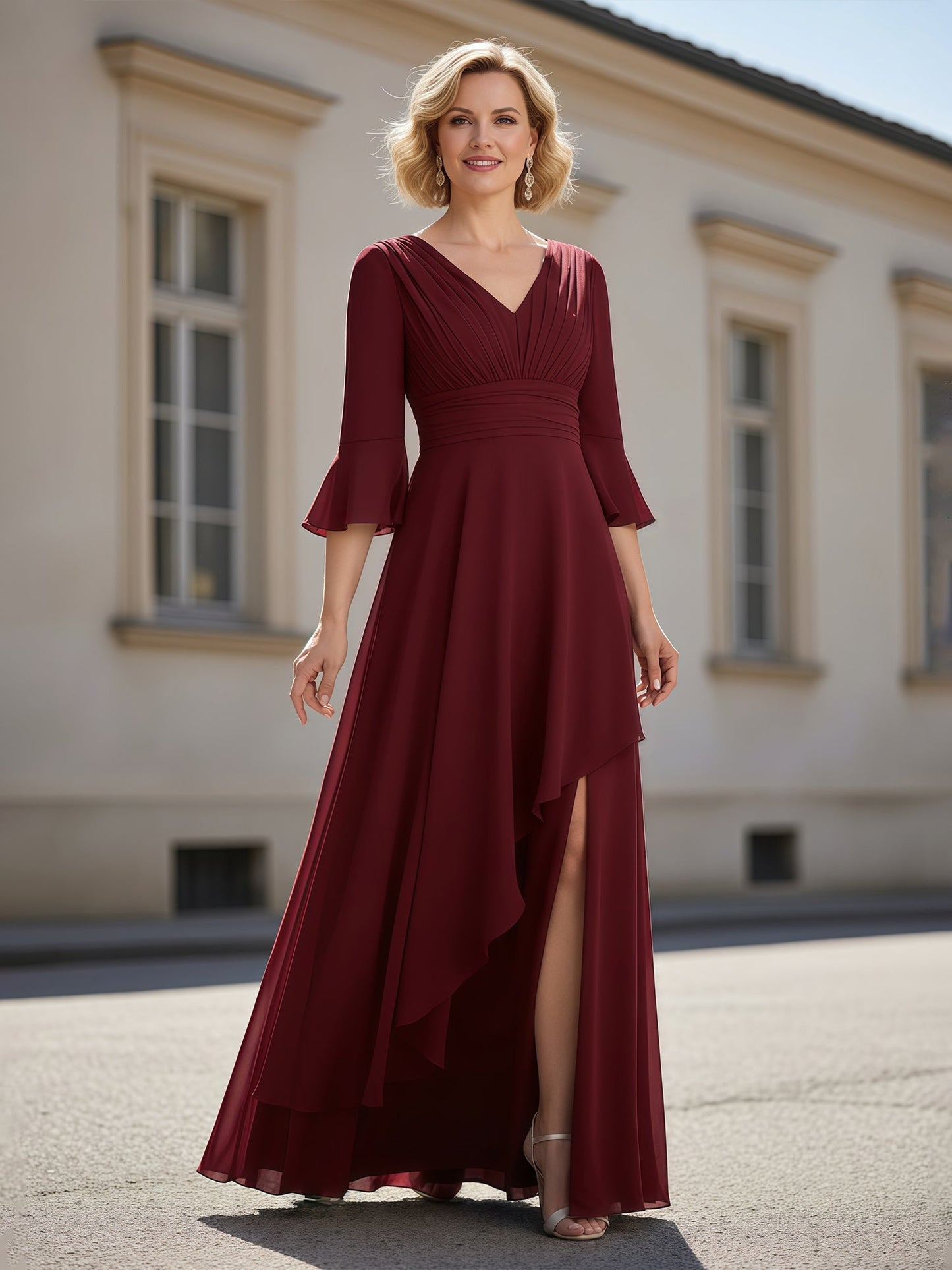 3/4 Sleeves Pleated V-neck Ruffles A-Line Dress Burgundy