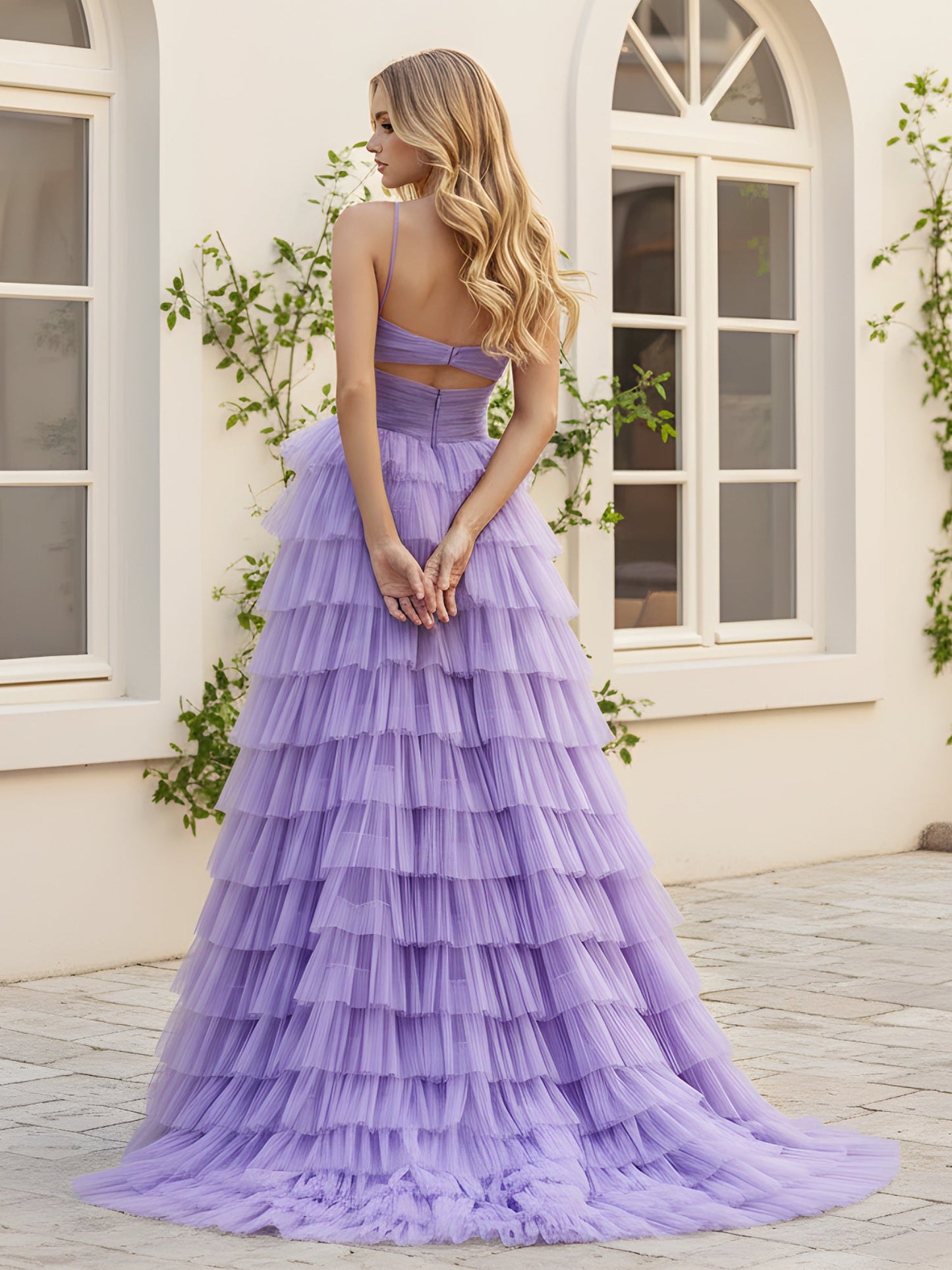 Sweetheart Neck Tiered Sweep Train Dress With Slit Lilac
