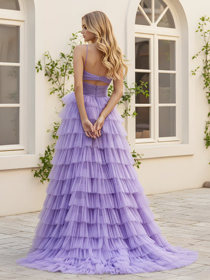 Sweetheart Neck Tiered Sweep Train Dress With Slit Lilac