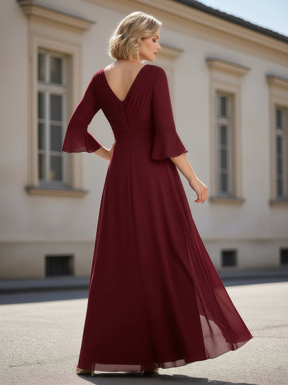 3/4 Sleeves Pleated V-neck Ruffles A-Line Dress Burgundy